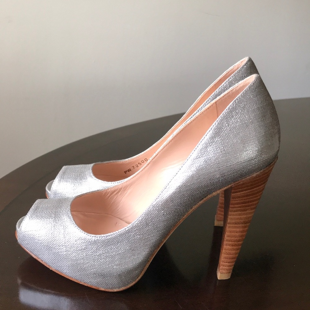 Brushed Metallic Gray peep toe cone heel pumps